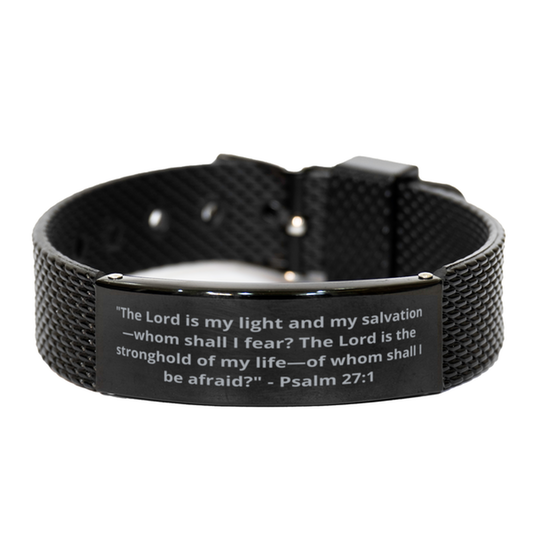 "The Lord is my light and my salvation-whom shall I fear? The Lord is the stronghold of my life-of whom shall I be afraid?" - Psalm 27:1,  Black Shark Mesh Bracelet. Model 600101