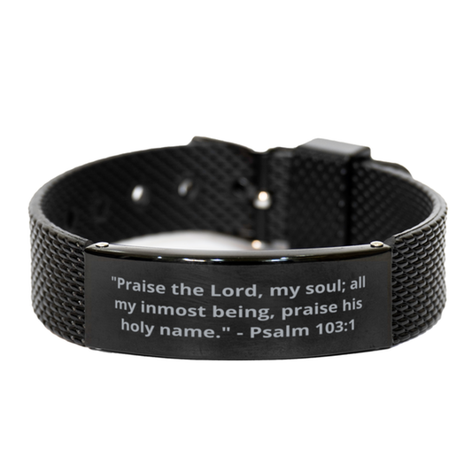 "Praise the Lord, my soul; all my inmost being, praise his holy name." - Psalm 103:1,  Black Shark Mesh Bracelet. Model 600101