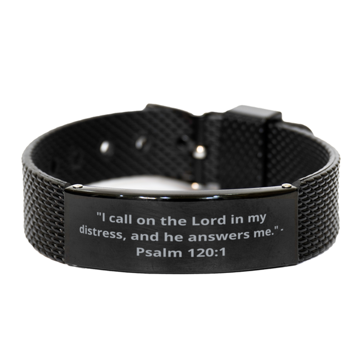 "I call on the Lord in my distress, and he answers me." - Psalm 120:1,  Black Shark Mesh Bracelet. Model 600101