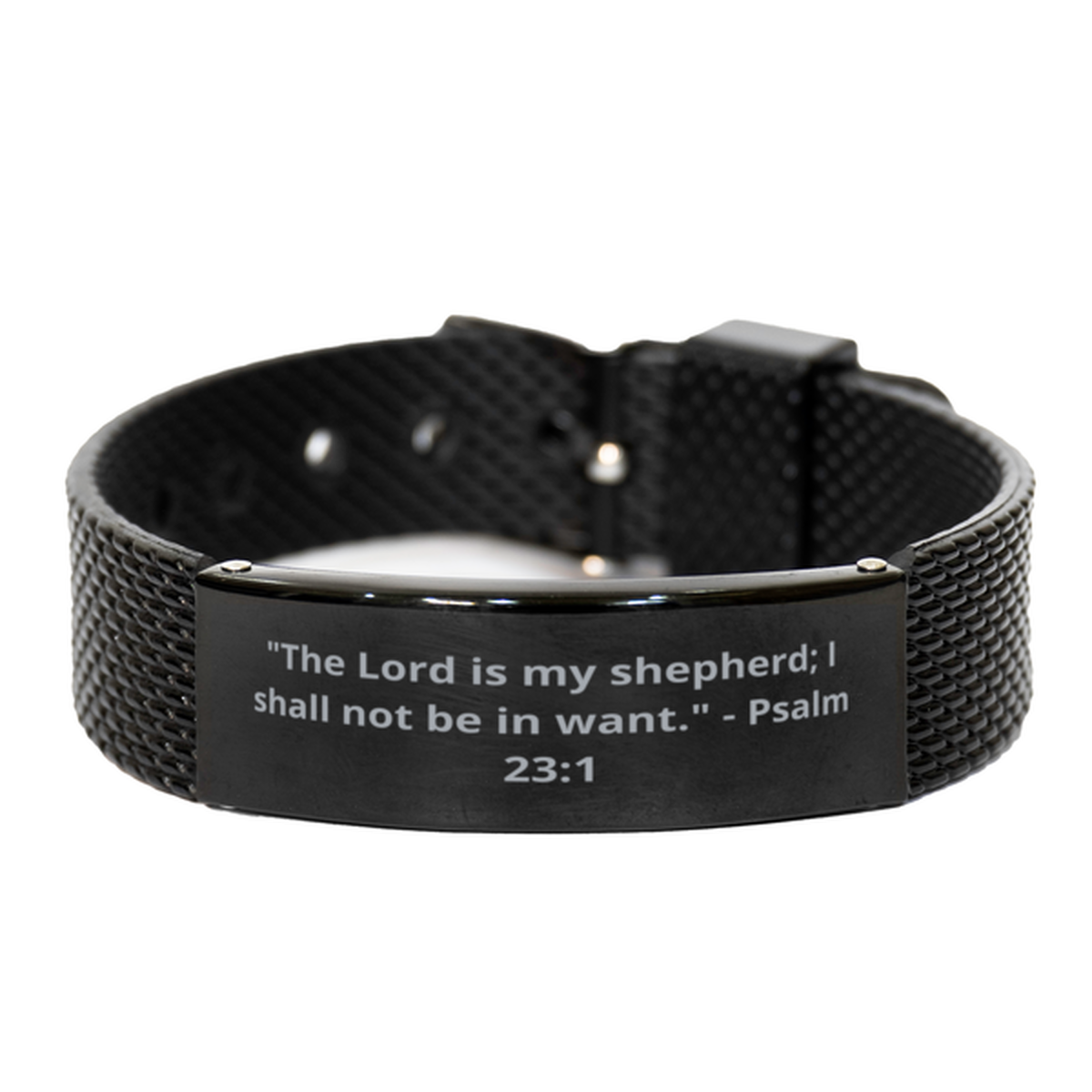 "The Lord is my shepherd; I shall not be in want." - Psalm 23:1,  Black Shark Mesh Bracelet. Model 600101