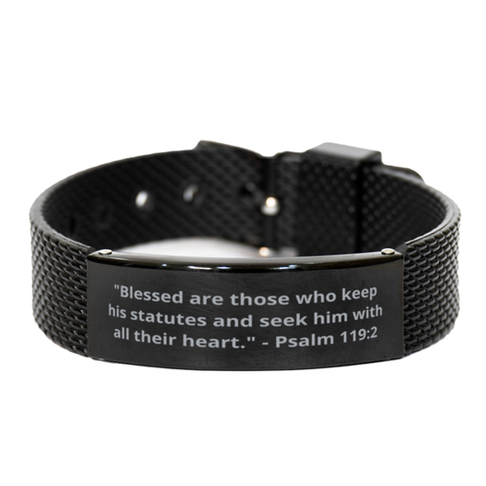 "Blessed are those who keep his statutes and seek him with all their heart." - Psalm 119:2,  Black Shark Mesh Bracelet. Model 600101