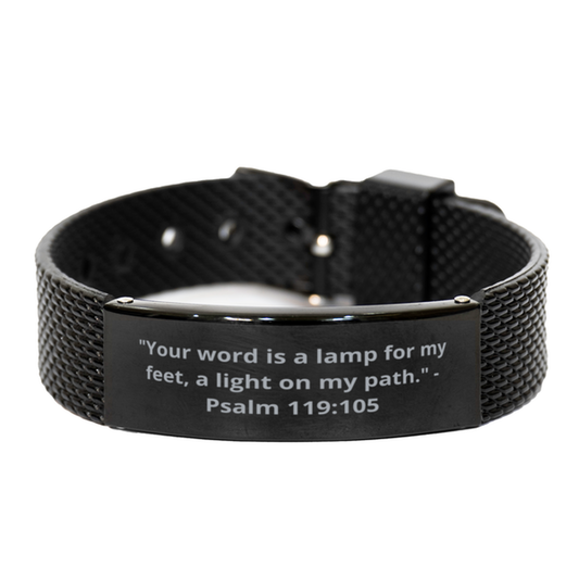 "Your word is a lamp for my feet, a light on my path." - Psalm 119:105,  Black Shark Mesh Bracelet. Model 600101