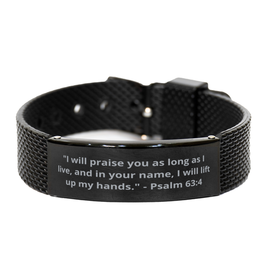 "I will praise you as long as I live, and in your name, I will lift up my hands." - Psalm 63:4,  Black Shark Mesh Bracelet. Model 600101