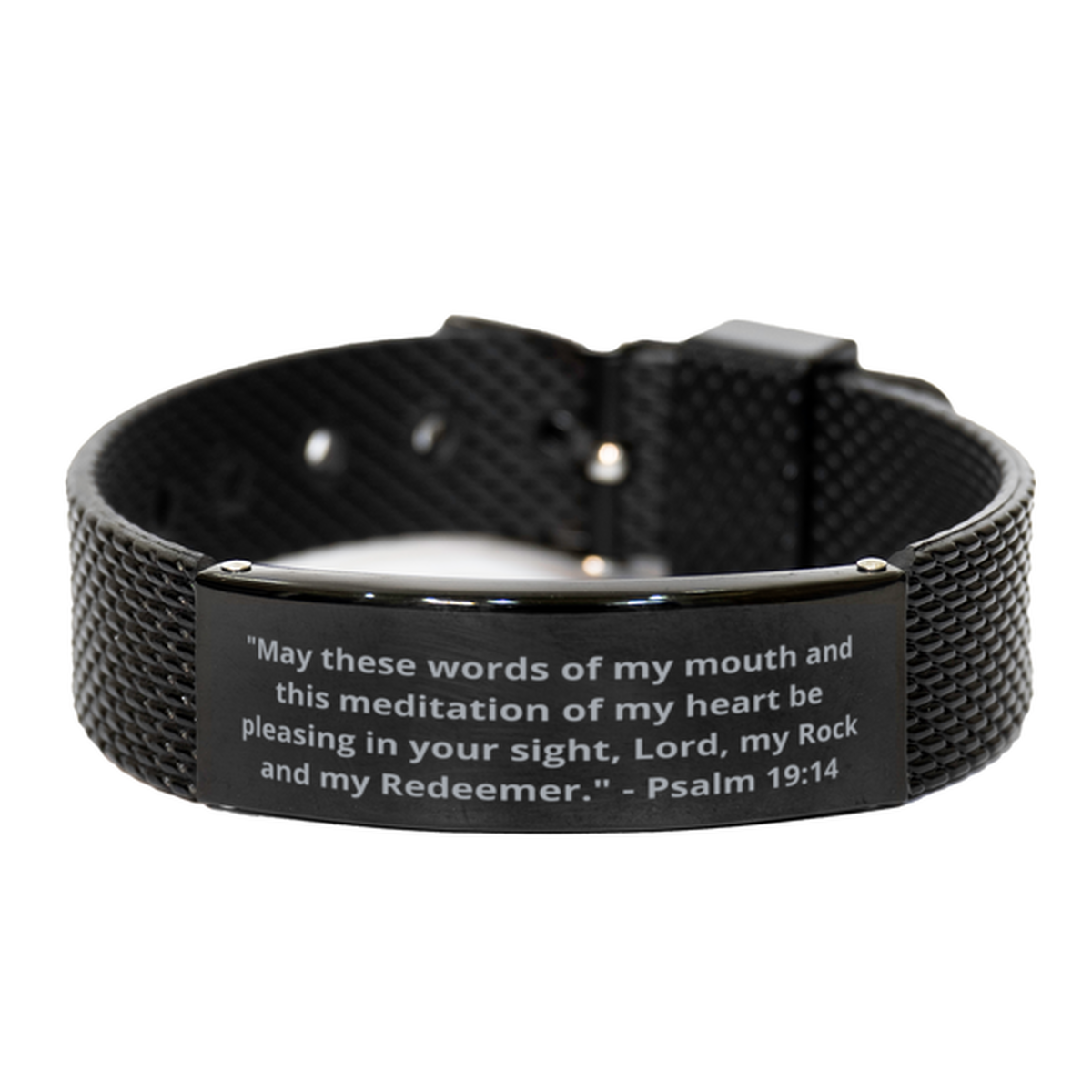 "May these words of my mouth and this meditation of my heart be pleasing in your sight, Lord, my Rock and my Redeemer." - Psalm 19:14,  Black Shark Mesh Bracelet. Model 600101