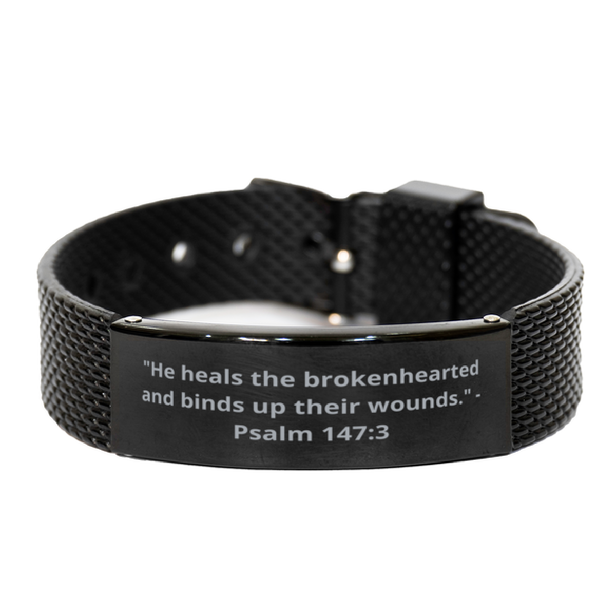 "He heals the brokenhearted and binds up their wounds." - Psalm 147:3,  Black Shark Mesh Bracelet. Model 600101