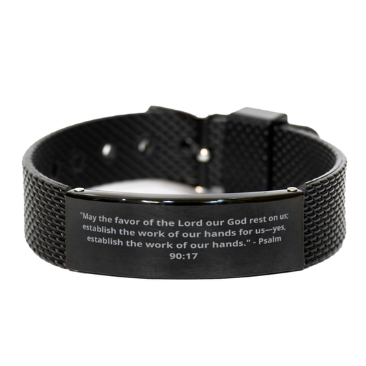 "May the favor of the Lord our God rest on us; establish the work of our hands for us-yes, establish the work of our hands." - Psalm 90:17,  Black Shark Mesh Bracelet. Model 600101