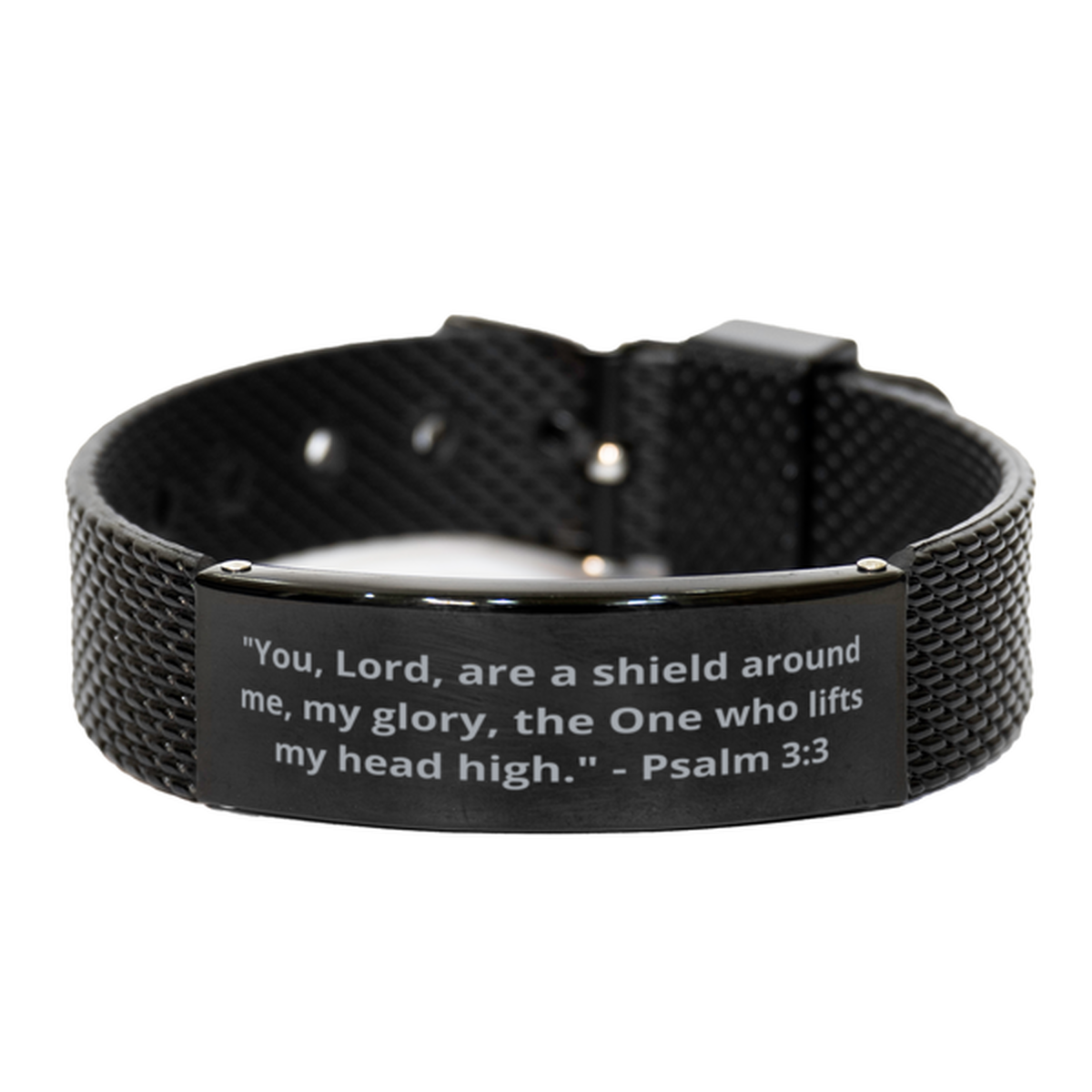 "You, Lord, are a shield around me, my glory, the One who lifts my head high." - Psalm 3:3,  Black Shark Mesh Bracelet. Model 600101