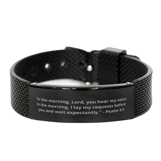 "In the morning, Lord, you hear my voice; in the morning, I lay my requests before you and wait expectantly." - Psalm 5:3,  Black Shark Mesh Bracelet. Model 600101