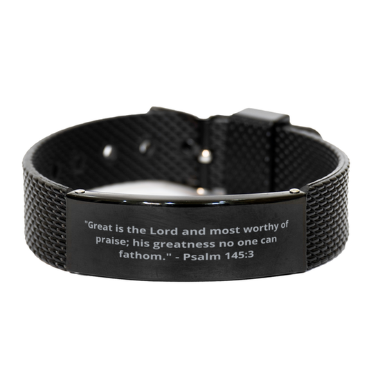 "Great is the Lord and most worthy of praise; his greatness no one can fathom." - Psalm 145:3,  Black Shark Mesh Bracelet. Model 600101