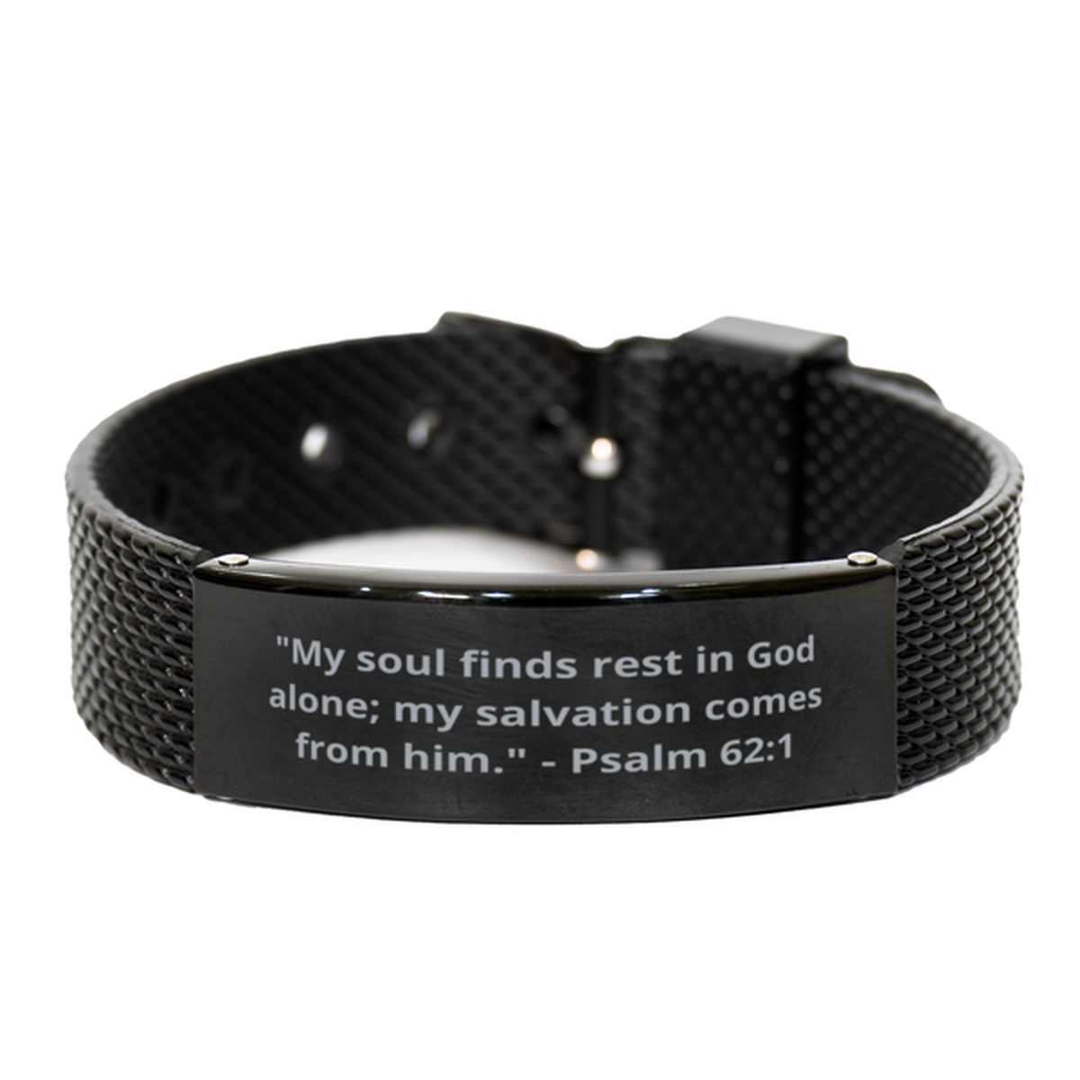 "My soul finds rest in God alone; my salvation comes from him." - Psalm 62:1,  Black Shark Mesh Bracelet. Model 600101