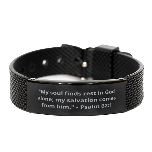 "My soul finds rest in God alone; my salvation comes from him." - Psalm 62:1,  Black Shark Mesh Bracelet. Model 600101