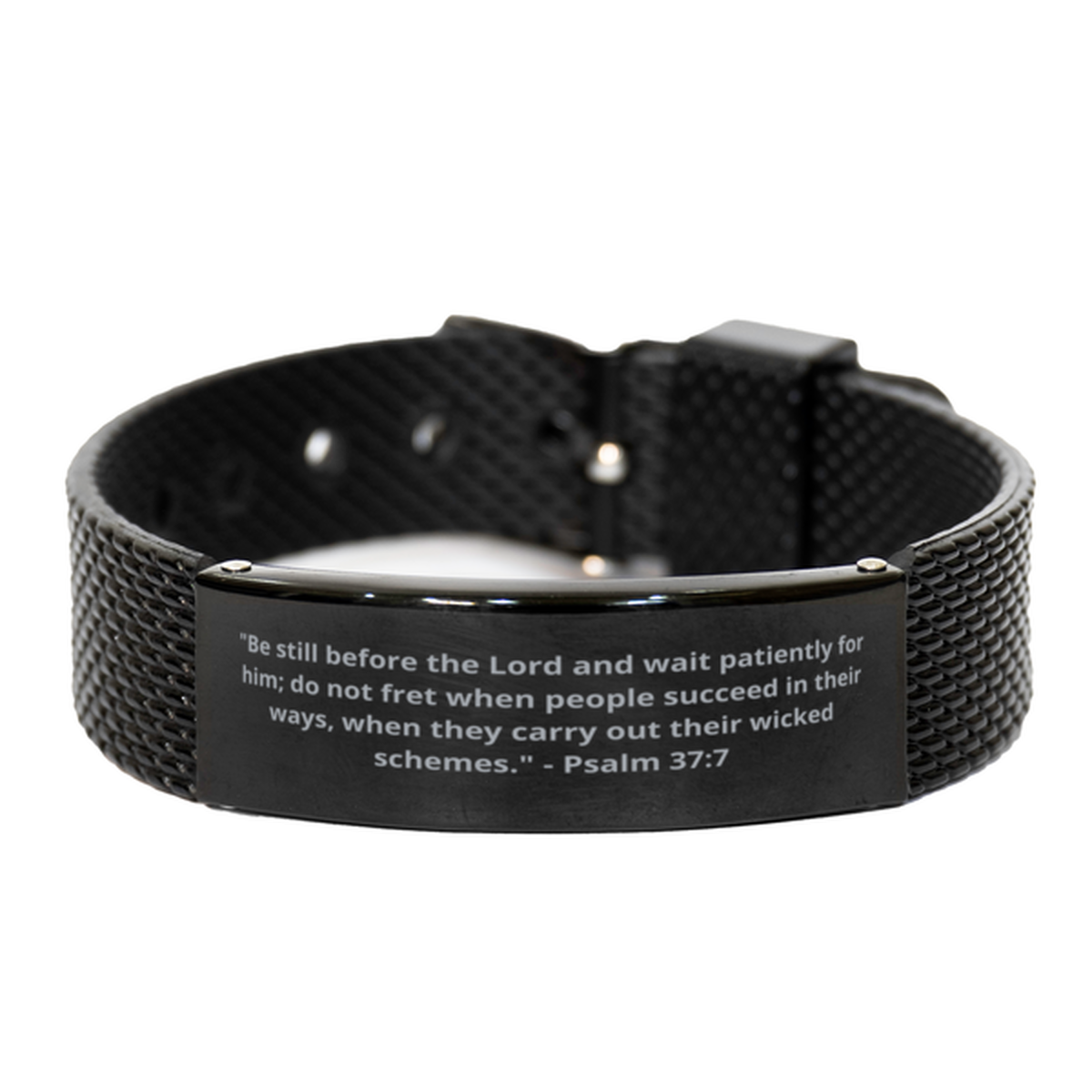 "Be still before the Lord and wait patiently for him; do not fret when people succeed in their ways, when they carry out their wicked schemes." - Psalm 37:7,  Black Shark Mesh Bracelet. Model 600101