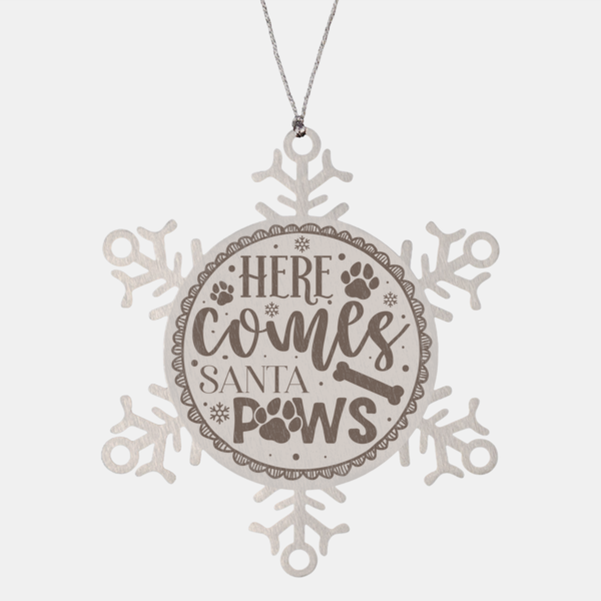 Here comes santa paws-01, Christmas Holiday Snowflake Ornament. Model 600103