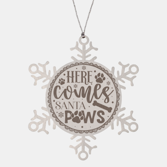 Here comes santa paws-01, Christmas Holiday Snowflake Ornament. Model 600103