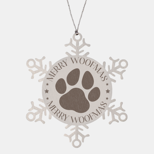 Merry woofmas-01, Christmas Holiday Snowflake Ornament. Model 600103