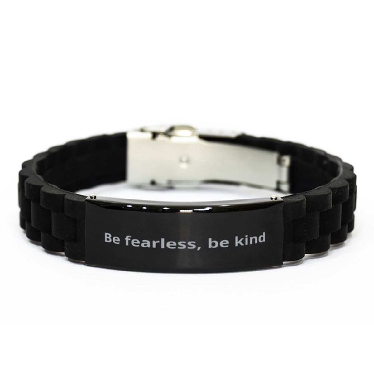 Be fearless, be kind,  Black Glidelock Clasp Bracelet. Model 600104