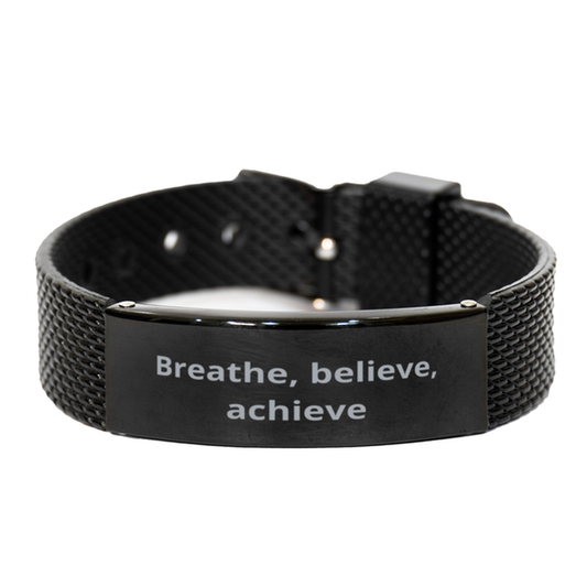 Breathe, believe, achieve,  Black Shark Mesh Bracelet. Model 600104