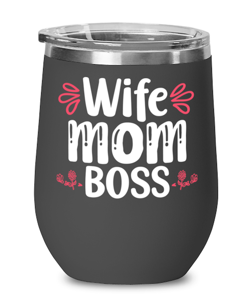 Wife Mom Boss, black Wineglass. Model 60043