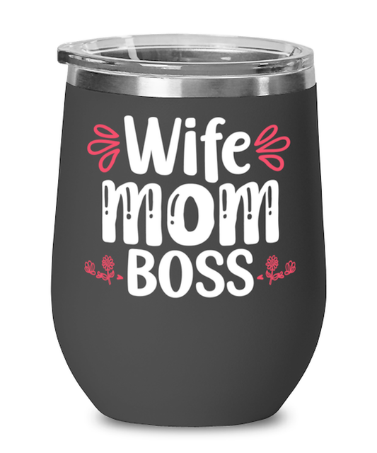 Wife Mom Boss, black Wineglass. Model 60043