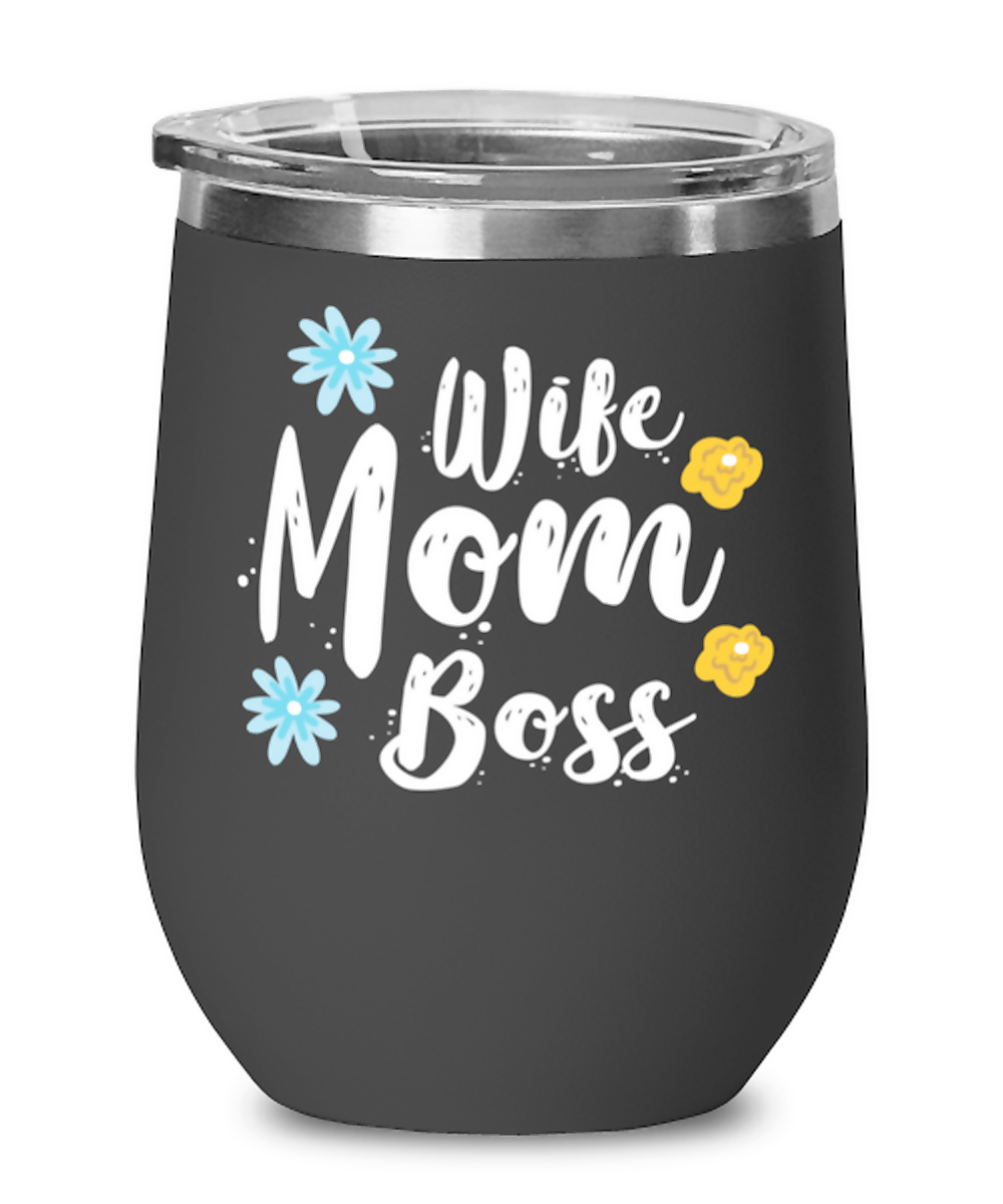 Wife Mom Boss1, black Wineglass. Model 60043