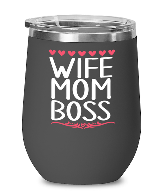 Wife, Mom, Boss, black Wineglass. Model 60043