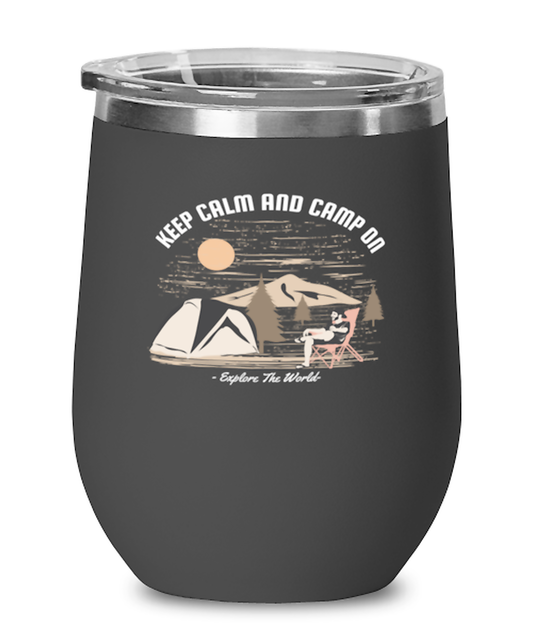 Keep Calm and Camp On, black Wineglass. Model 60072