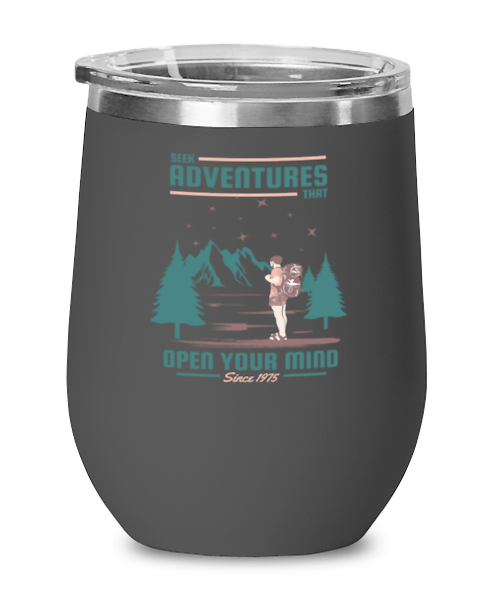 Seek Adventures that Open Your Mind 2, black Wineglass. Model 60072